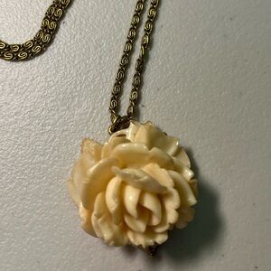 Vintage Cream Colored Carved Rose Pendant on 24" Gold Tone Chain